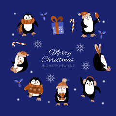 Christmas decoration set with penguins and greeting. Vector illustration.