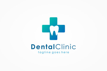 Dental Clinic Logo. Blue Shape Cross Sign with Negative Space Tooth Symbol inside. Usable for Dentist, Healthcare and Medical Logos. Flat Vector Logo Design Template Element