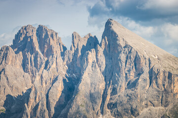 Close-up of Sasso Piatto – Plattkofel mountain peak in summer .