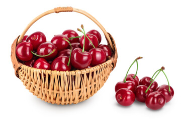 red sweet cherry in a wicker basket isolated on white background with clipping path and full depth of field