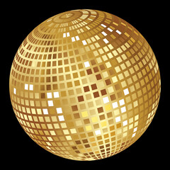 Mirror golden disco ball on a black background .Vector graphic.