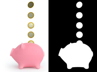Pink ceramic piggy bank, viewed from the side view. Isolated on white background. 3d rendering illustration. Alpha Channel mask.
