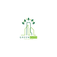 building, green leaf logo illustration line design template vector