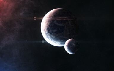 Deep space planets in blue and red light. Science fiction. Elements of this image furnished by NASA