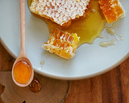 Honeycomb and honey on a plate