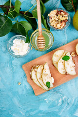 Bruschetta and Crostini with pear, ricotta cheese, honey.