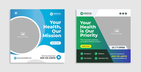 Medical service social media post template design. Set of editable square banners. Vector illustration for web or internet banner. Service & business promotion post or banner with abstract shapes.