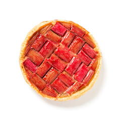 Rhubarb Pie or Tart with almonds. Healthy homemade summer dessert, vegan rhubarb pie. isolated on a white background