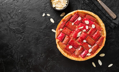 Rhubarb Pie or Tart with almonds. Healthy homemade summer dessert, vegan rhubarb pie.