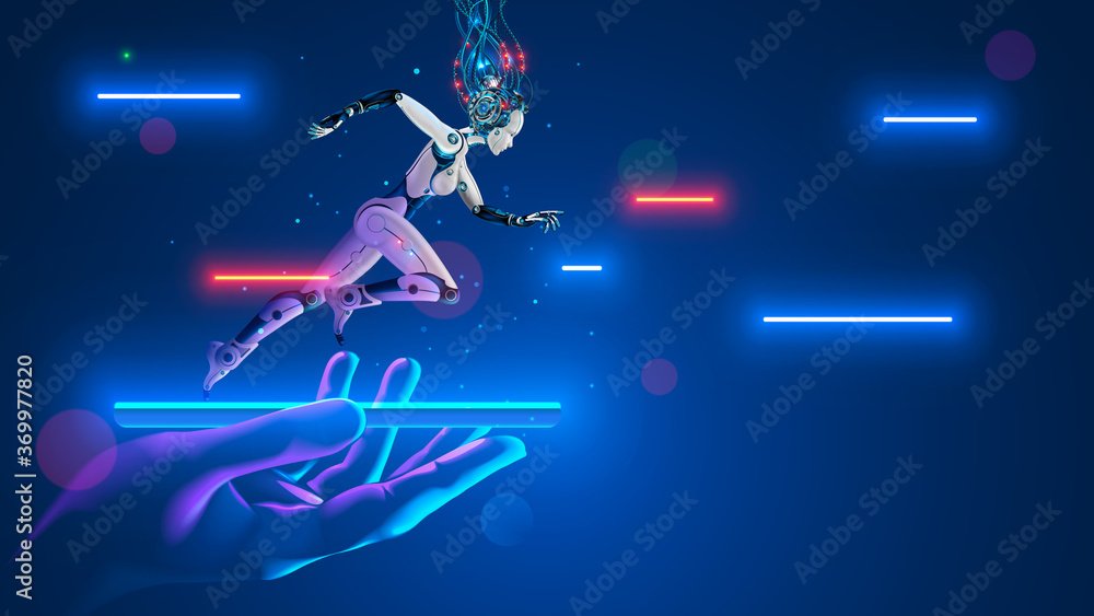 Poster AI Robot cyborg running on screen smartphone in hand. Cybernetic girl accelerates in cyberspace. Artificial intelligence, neural networks, 5g internet speeds up phone. Flying Hi-speed internet signals
