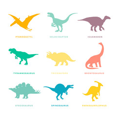 Prehistoric Dinosaurs Signs, Symbols or Illustrations Set. Colorful Vector Ancient Reptiles Silhouttes Collections.