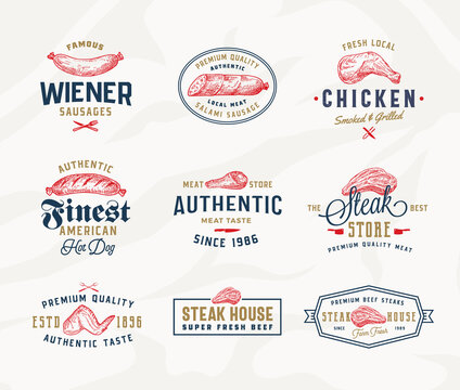 Steak House or Meat Store Typography Labels, Emblems or Logo Templates Collection. Hand Drawn Sausage, Steak, Chicken Thigh, Wings and Drumstick Sketch Signs Set. Textured Background.