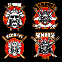 Set of vintage monochrome illustrations of samurai helmets and crossed swords. Design element for logo, label, sign, poster, t shirt. Vector illustration