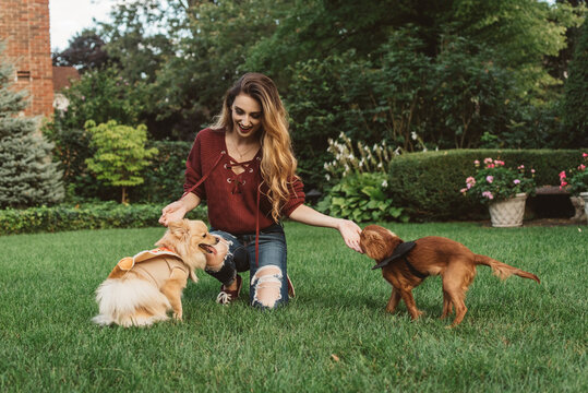 Two female friends in their twenties playing with their dogs outside in autumn