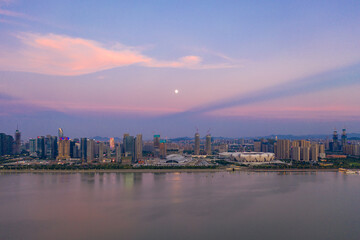 Fototapeta premium aerial view of hangzhou city skyline at night