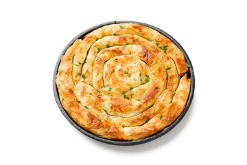 Traditional feta cheese phyllo pastry pie isolated on white background .