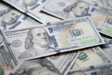 close up US one hundred dollars bills money background