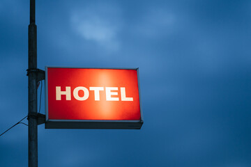 Red Hotel Signboard At Night.