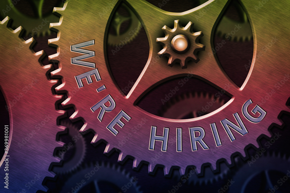 Poster word writing text we re hiring. business photo showcasing process of reviewing applications and find