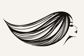 Woman with long, wavy hairstyle and elegant makeup.Hair salon, beauty studio, cosmetics and spa logo.Young beautiful lady portrait.Cute girl face.Vector illustration.Profile view.