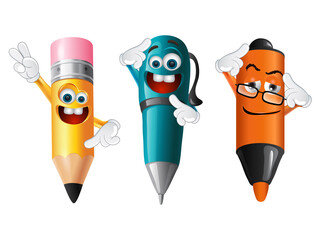 Back to School concept. 3D illustrations of pencil, pen and marker emoticons characters isolated on white background.