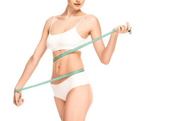 cropped view of woman measuring waist with measuring tape isolated on white