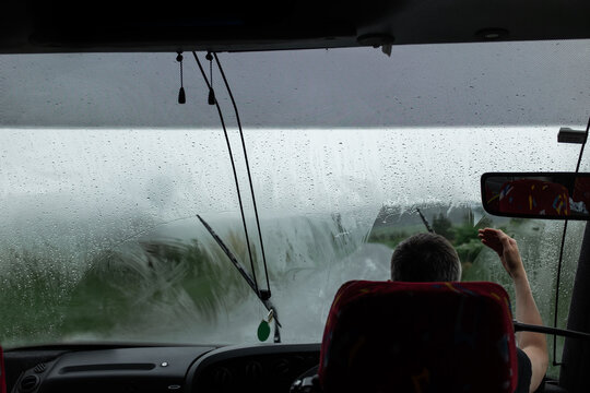 Tour bus with fogged windscreen
