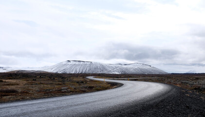 Hverfjall Volcano in the Winter with Winding Road in the Foreground