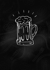 Hand drawn chalk board oktoberfest card with mug on pattern background