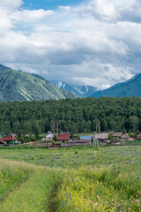 A path leading through a bright flowering meadow to a mountain village, Altai Siberia