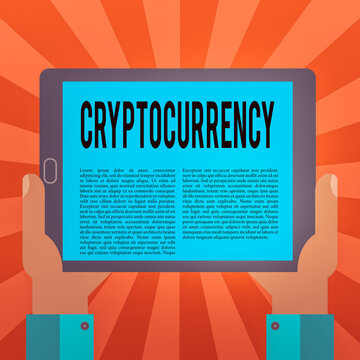 Conceptual hand writing showing Cryptocurrency. Concept meaning form of currency that exists digitally has no central issuing Hu analysis Hand Holding Tablet Smartphone Display Unit photo