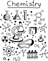 Set of doodles with chemical elements, flasks, a microscope, protective glasses. School chemistry lesson. Vector flat illustration with icons.