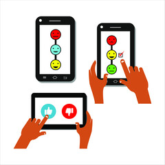 the fingers pressing the like and emoji buttons on the cellphone, phone, social media