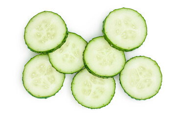 Sliced cucumber isolated on white background with clipping path and full depth of field, Top view. Flat lay