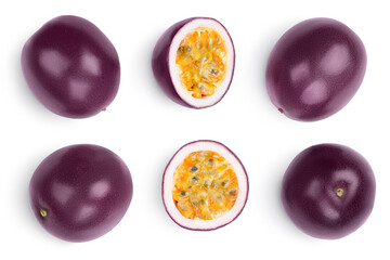whole passion fruits half isolated on white background. maracuya with clipping path. Top view. Flat lay