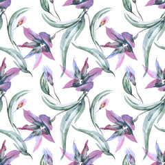 Lilies Seamless Pattern. Watercolor Background.