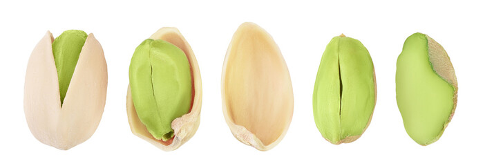 peeled pistachio isolated on white background . Top view. Flat lay, Set or collection