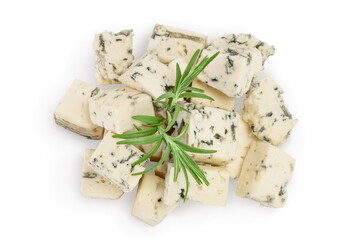 diced Blue cheese with rosemary isolated on white background with clipping path and full depth of field. Top view. Flat lay.