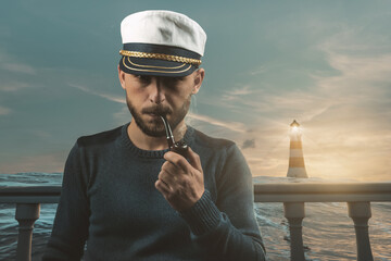 Portrait von einem Seemann Captain mit Tabakpfeife vor Leuchtturm