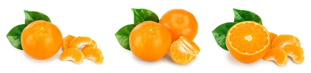 tangerine or mandarin fruit with leaves isolated on white background. Set or collection