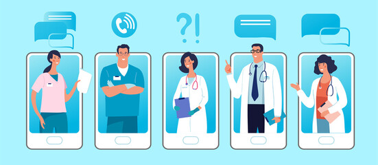 Set of phones with male and female characters of doctors on the screen. Concept of online clinic, call and video consultation with medical specialists. Flat vector illustration.