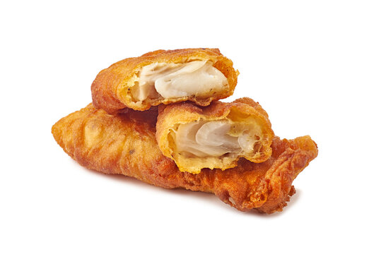Crispy pieces of fish fry on white