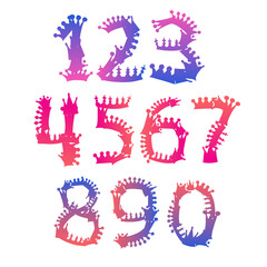 Isolated hand drawn vector colorful design cartoon set of numbers with crowns