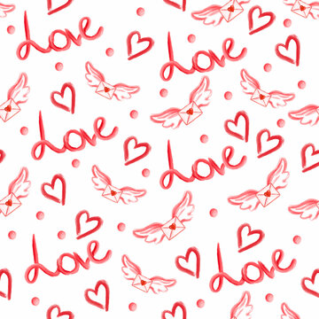 Watercolor seamless pattern with elements for Valentine's Day on a white background.Hearts, sweets, balls, gifts and other cute items, letter. Ideal for printing onto fabric or gift paper, wallpaper.