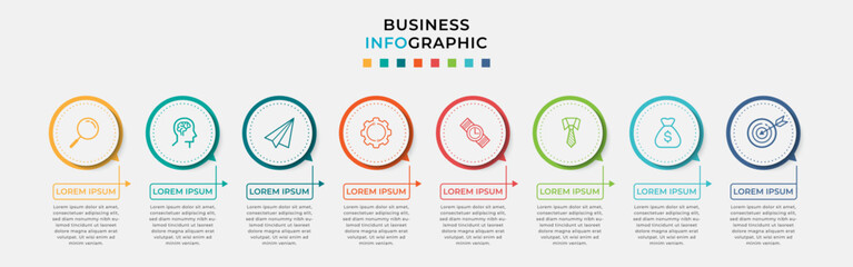 Business Infographic design template Vector with icons and 8 eight options or steps. Can be used for process diagram, presentations, workflow layout, banner, flow chart, info graph - obrazy, fototapety, plakaty