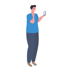 Fototapeta na wymiar man standing using smartphone, social media and communication technology concept vector illustration design