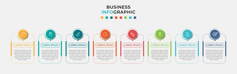 Business Infographic design template Vector with icons and 8 eight options or steps. Can be used for process diagram, presentations, workflow layout, banner, flow chart, info graph
