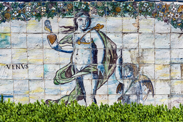 detail of mythological azulejos on the walls of The Palace of the Marquesses of Fronteira in...