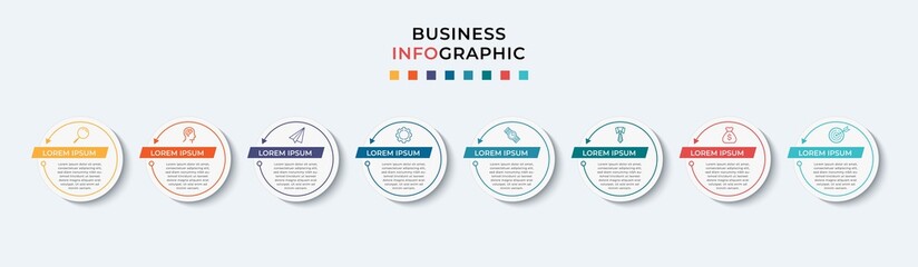 Business Infographic design template Vector with icons and 8 eight options or steps. Can be used for process diagram, presentations, workflow layout, banner, flow chart, info graph
