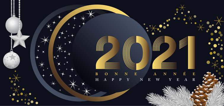 2021-Affiche, bannière ou carte, noire blanche et or, pour le nouvel an, sur le thème de l’étoile.